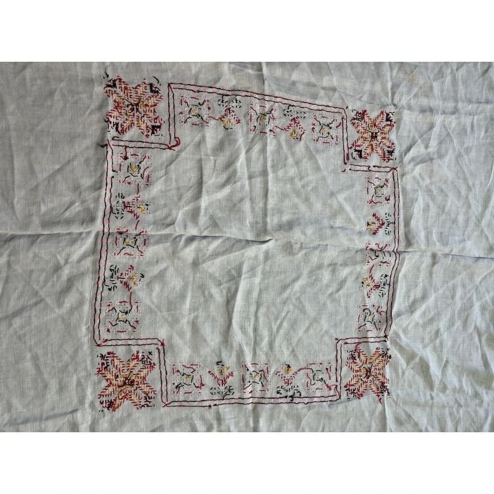 Vintage Floral Cross Stitch Tablecloth Red Black Yellow Tulip 47 x 47 MCM READ